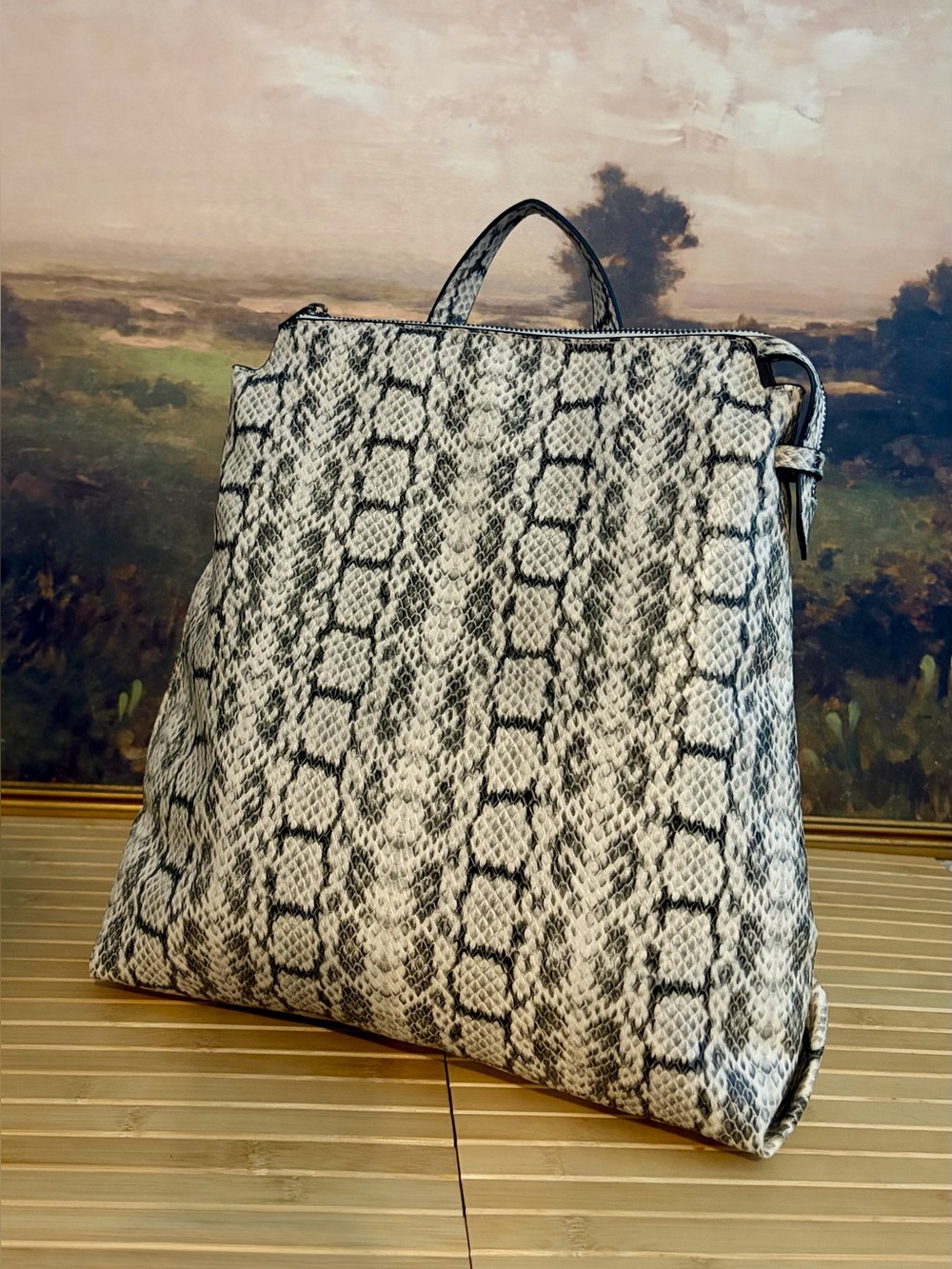 Vegan Snake-Print backpack/tote bag in Gray and Black tan backround